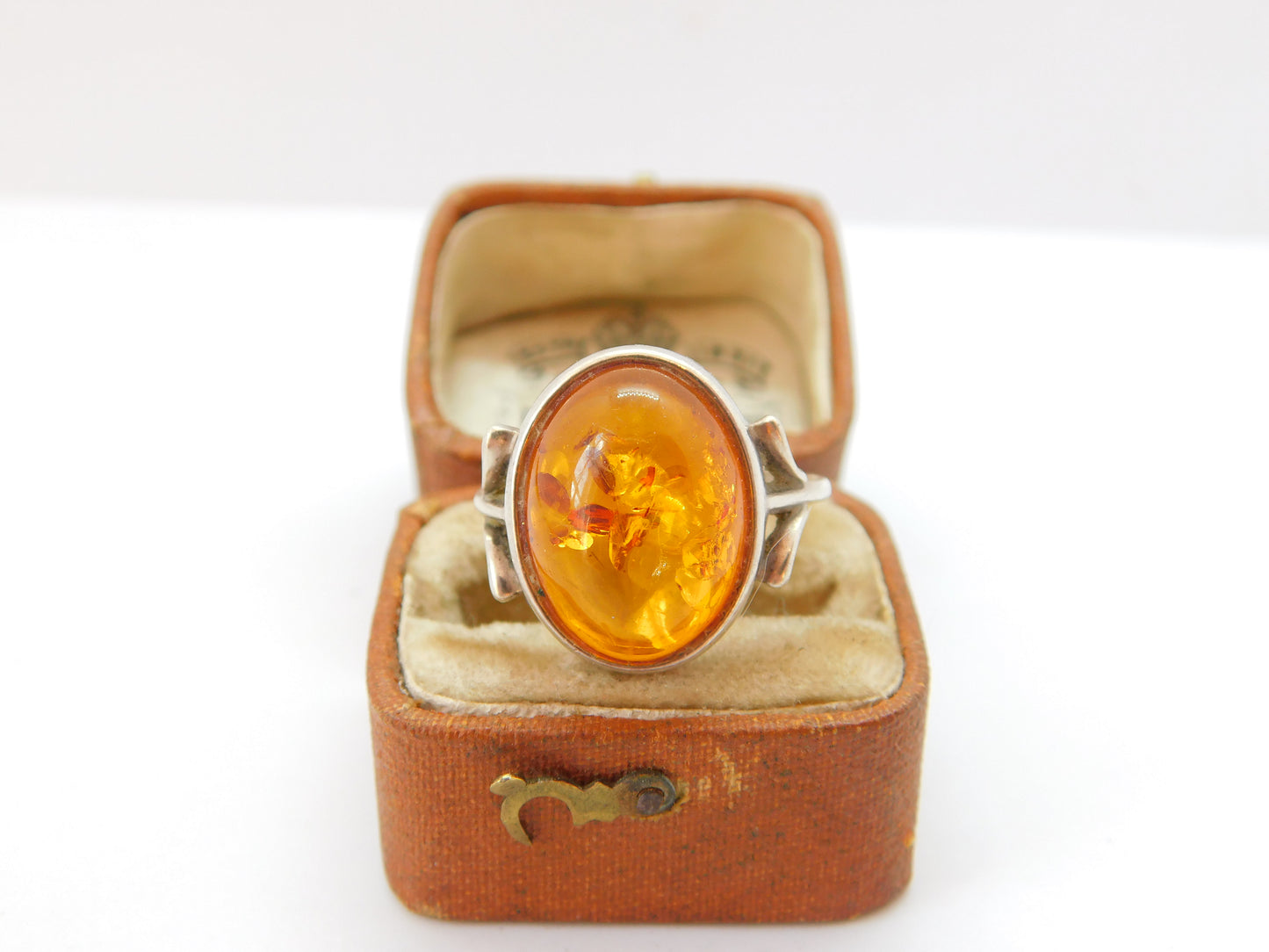 Sterling Silver Cabochon Baltic Amber Set Dress Ring Vintage Size N UK