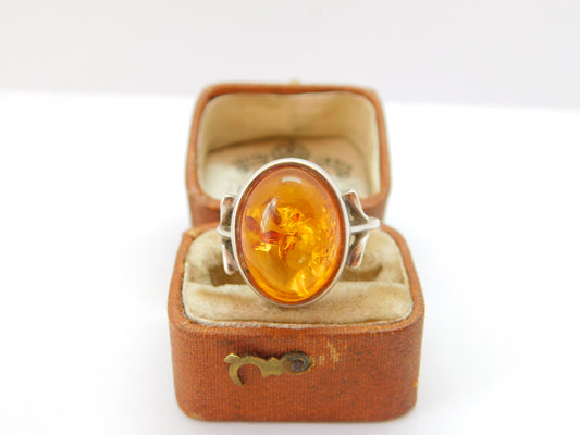 Sterling Silver Cabochon Baltic Amber Set Dress Ring Vintage Size N UK