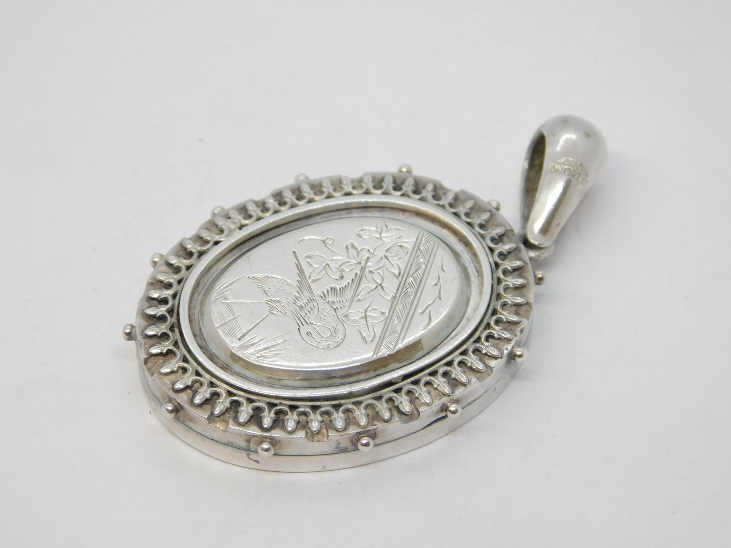 Victorian Sterling Silver Aesthetic Leaf & Crane Sweetheart Locket Antique c1880