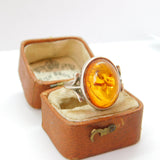 Sterling Silver Cabochon Baltic Amber Set Dress Ring Vintage Size N UK