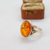 Sterling Silver Cabochon Baltic Amber Set Dress Ring Vintage Size N UK