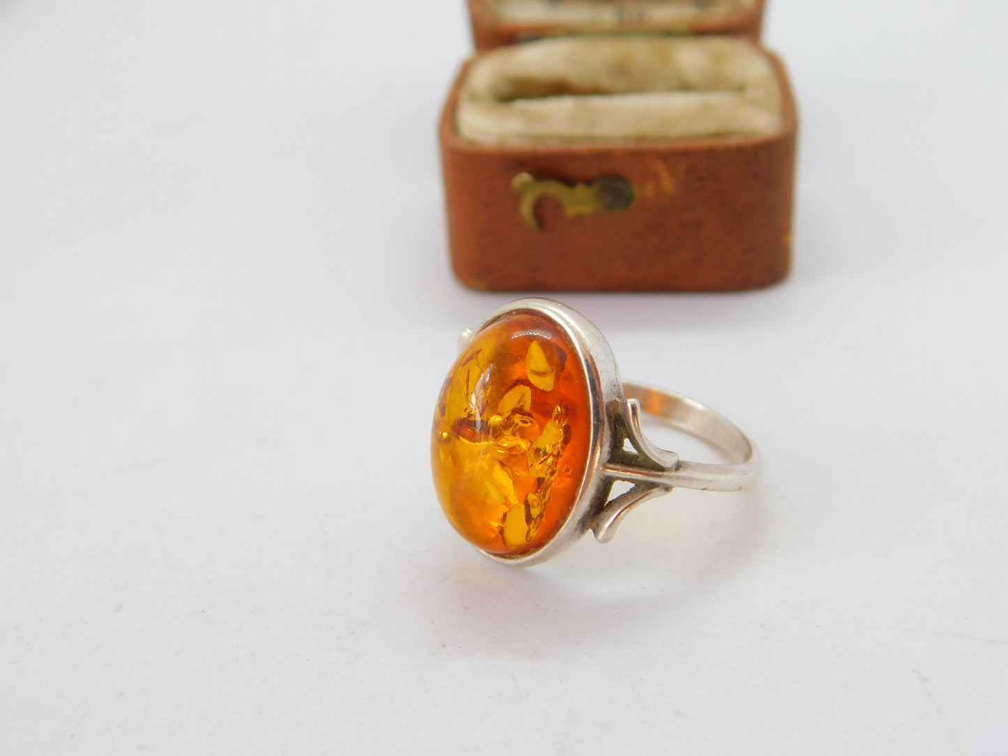 Sterling Silver Cabochon Baltic Amber Set Dress Ring Vintage Size N UK