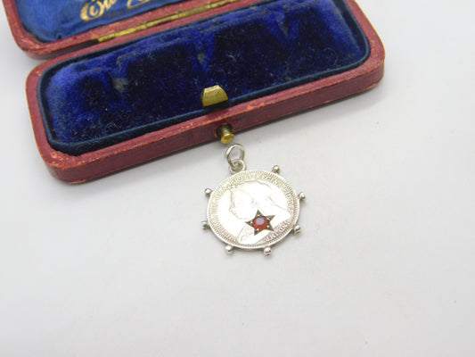 Victorian Sterling Silver Garnet Set Threepence Coin Charm 1901 Antique