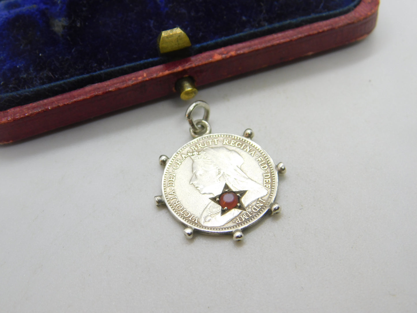 Victorian Sterling Silver Garnet Set Threepence Coin Charm 1901 Antique