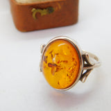 Sterling Silver Cabochon Baltic Amber Set Dress Ring Vintage Size N UK