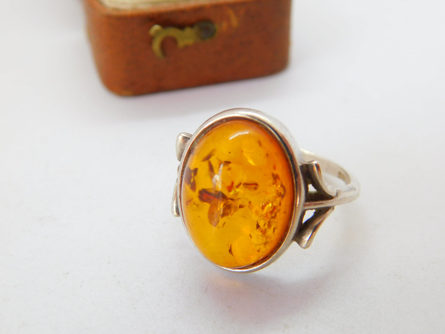 Sterling Silver Cabochon Baltic Amber Set Dress Ring Vintage Size N UK