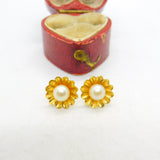 Pair of 9ct Yellow Gold Pearl Set Floral Stud Earrings 1969 London Vintage