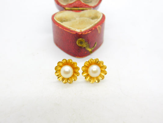 Pair of 9ct Yellow Gold Pearl Set Floral Stud Earrings 1969 London Vintage