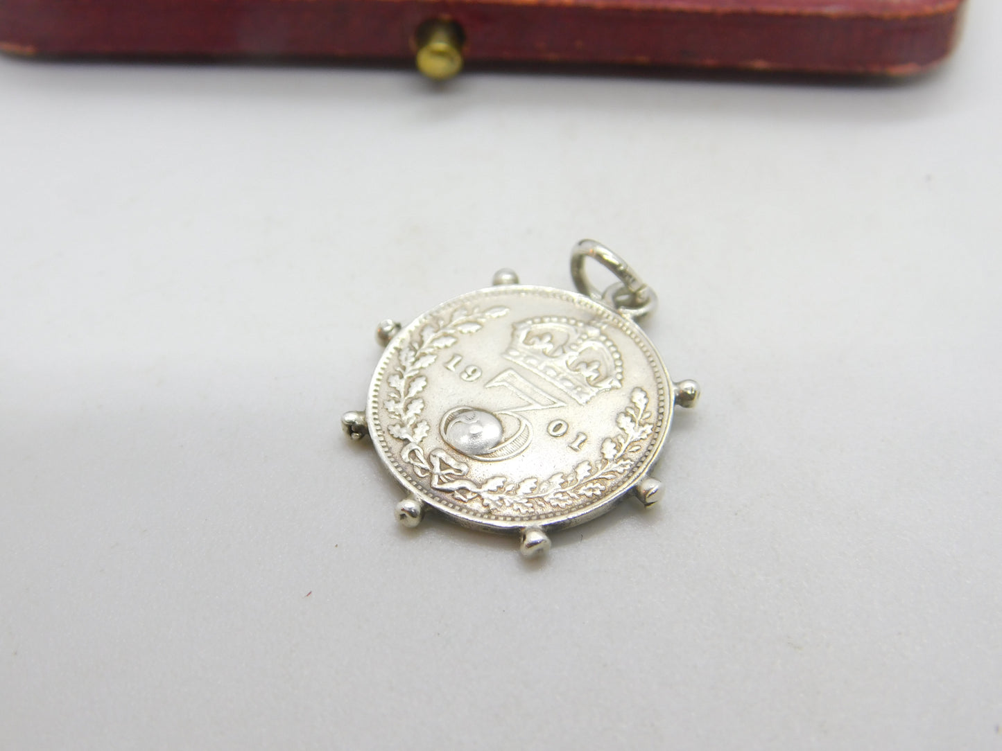 Victorian Sterling Silver Garnet Set Threepence Coin Charm 1901 Antique