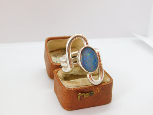 Large Taxco 950 Silver Doublet Opal Set Handmade Statement Ring Vintage