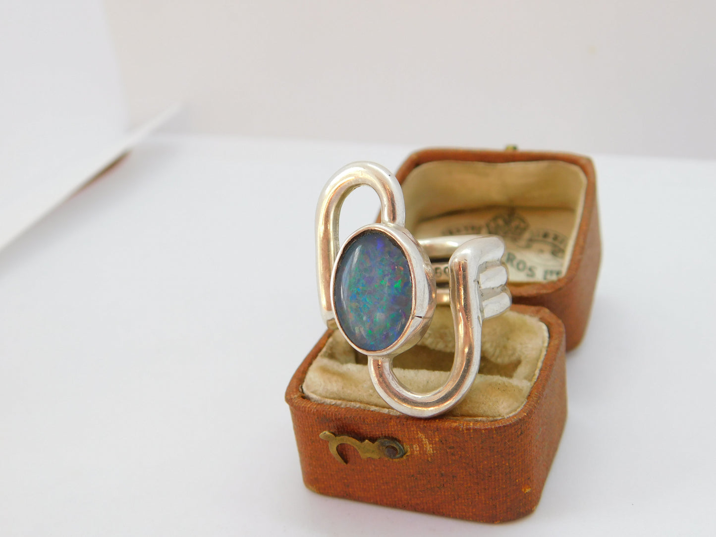 Large Taxco 950 Silver Doublet Opal Set Handmade Statement Ring Vintage