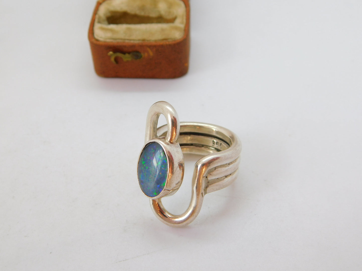 Large Taxco 950 Silver Doublet Opal Set Handmade Statement Ring Vintage