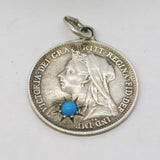 Queen Victoria Sterling Silver Turquoise Threepence Coin Charm Antique 1897