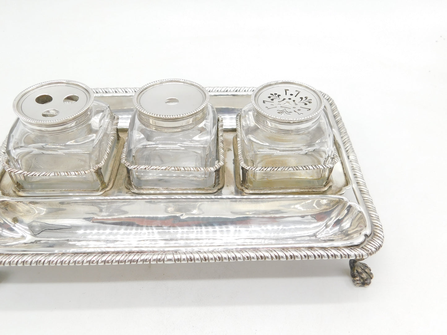 George III Sterling Silver Three-Piece Glass Desk Stand Antique 1767 London