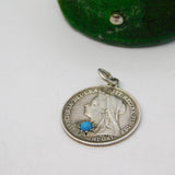 Queen Victoria Sterling Silver Turquoise Threepence Coin Charm Antique 1897
