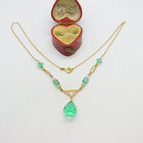 9ct Yellow Gold & Faceted Green Glass Modernist Drop Necklace Art Deco c1940