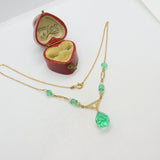 9ct Yellow Gold & Faceted Green Glass Modernist Drop Necklace Art Deco c1940