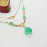 9ct Yellow Gold & Faceted Green Glass Modernist Drop Necklace Art Deco c1940