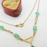 9ct Yellow Gold & Faceted Green Glass Modernist Drop Necklace Art Deco c1940