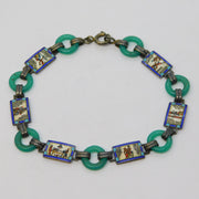 Egyptian Sterling Silver, Enamel & Jadeite Panel Bracelet Antique c1930 Art Deco