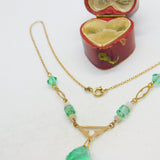 9ct Yellow Gold & Faceted Green Glass Modernist Drop Necklace Art Deco c1940