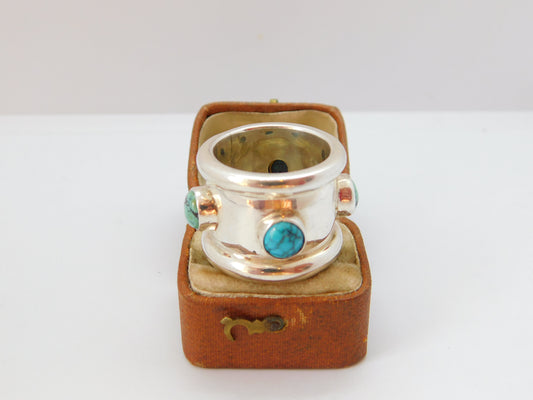 Large Sterling Silver Turquoise Cabochon Turquoise Statement Ring 1995 Vintage