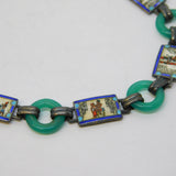 Egyptian Sterling Silver, Enamel & Jadeite Panel Bracelet Antique c1930 Art Deco