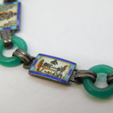 Egyptian Sterling Silver, Enamel & Jadeite Panel Bracelet Antique c1930 Art Deco