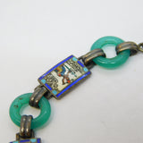 Egyptian Sterling Silver, Enamel & Jadeite Panel Bracelet Antique c1930 Art Deco