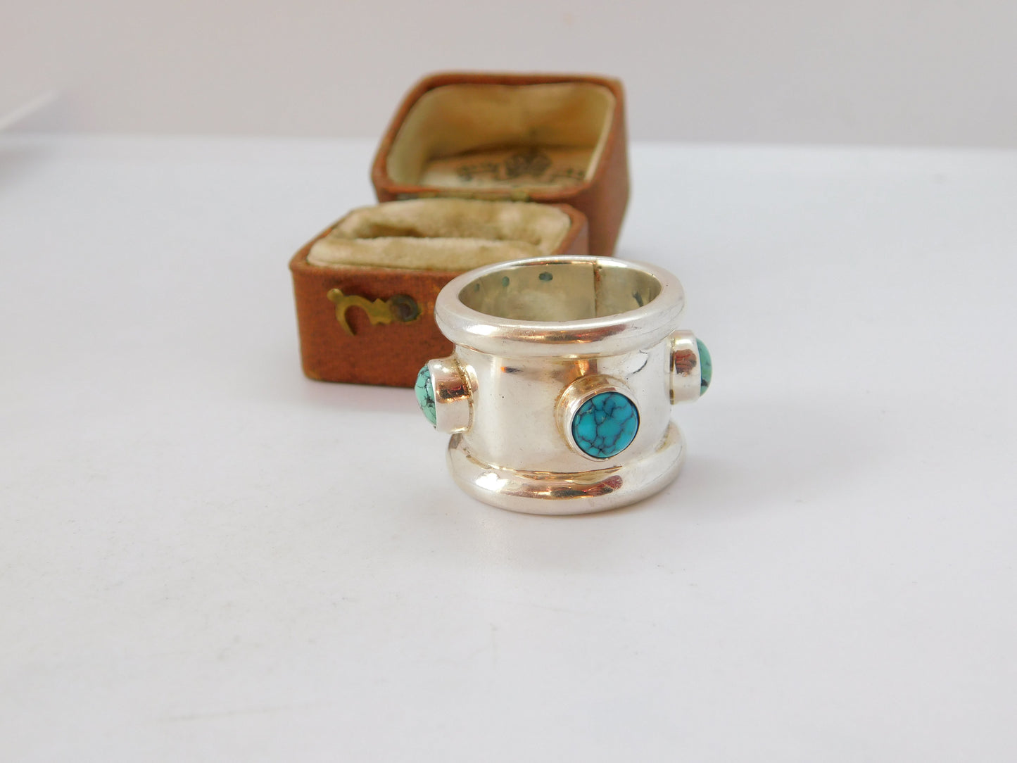 Large Sterling Silver Turquoise Cabochon Turquoise Statement Ring 1995 Vintage