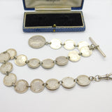 Victorian Sterling Silver Threepence Coin Watch Chain Antique c1880 with Shilling Fob