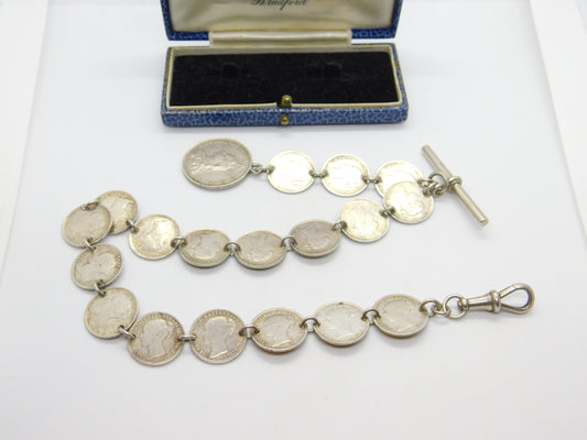 Victorian Sterling Silver Threepence Coin Watch Chain Antique c1880 with Shilling Fob