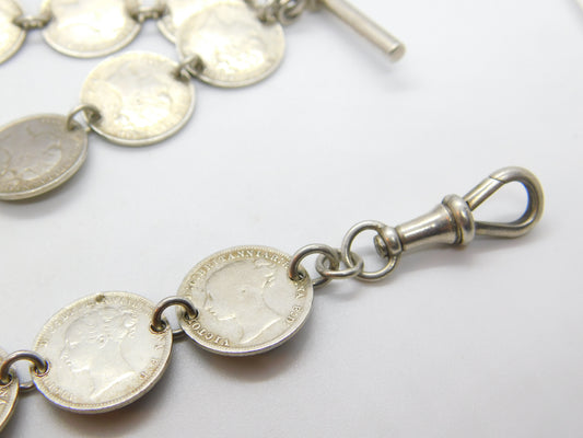 Victorian Sterling Silver Threepence Coin Watch Chain Antique c1880 with Shilling Fob