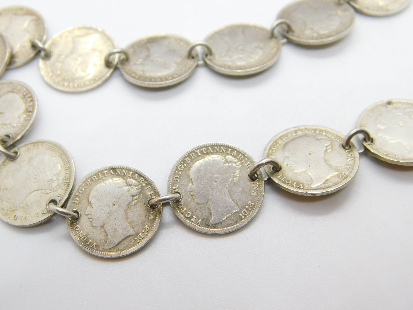 Victorian Sterling Silver Threepence Coin Watch Chain Antique c1880 with Shilling Fob