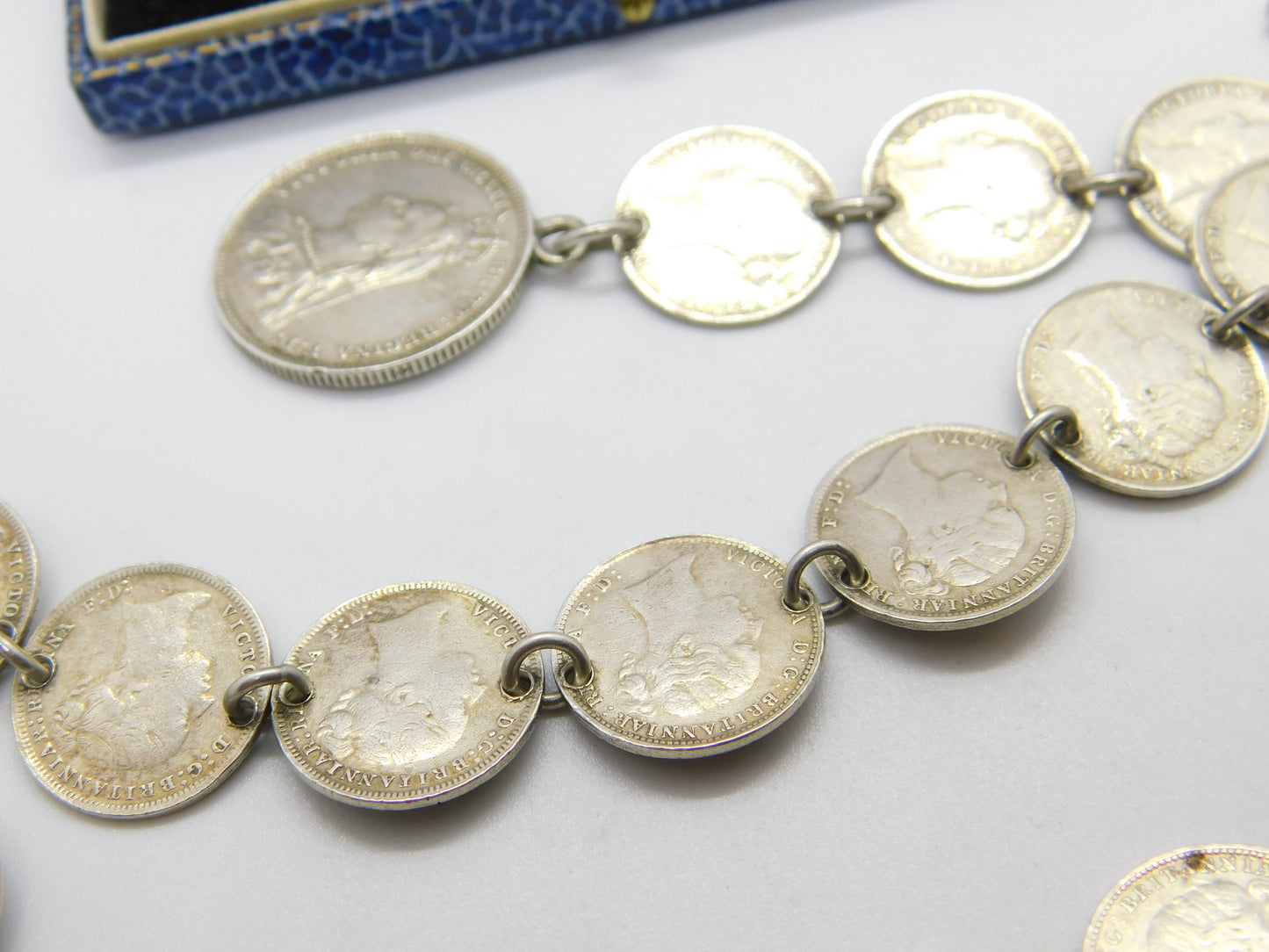 Victorian Sterling Silver Threepence Coin Watch Chain Antique c1880 with Shilling Fob