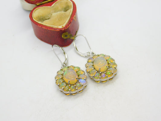 Pair of Sterling Silver & Carved 'Happy Face' Water Opal Drop Earrings Vintage