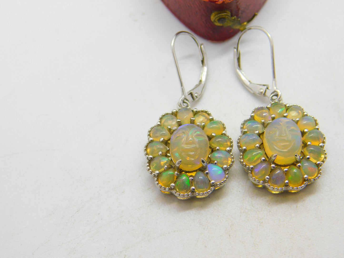 Pair of Sterling Silver & Carved 'Happy Face' Water Opal Drop Earrings Vintage