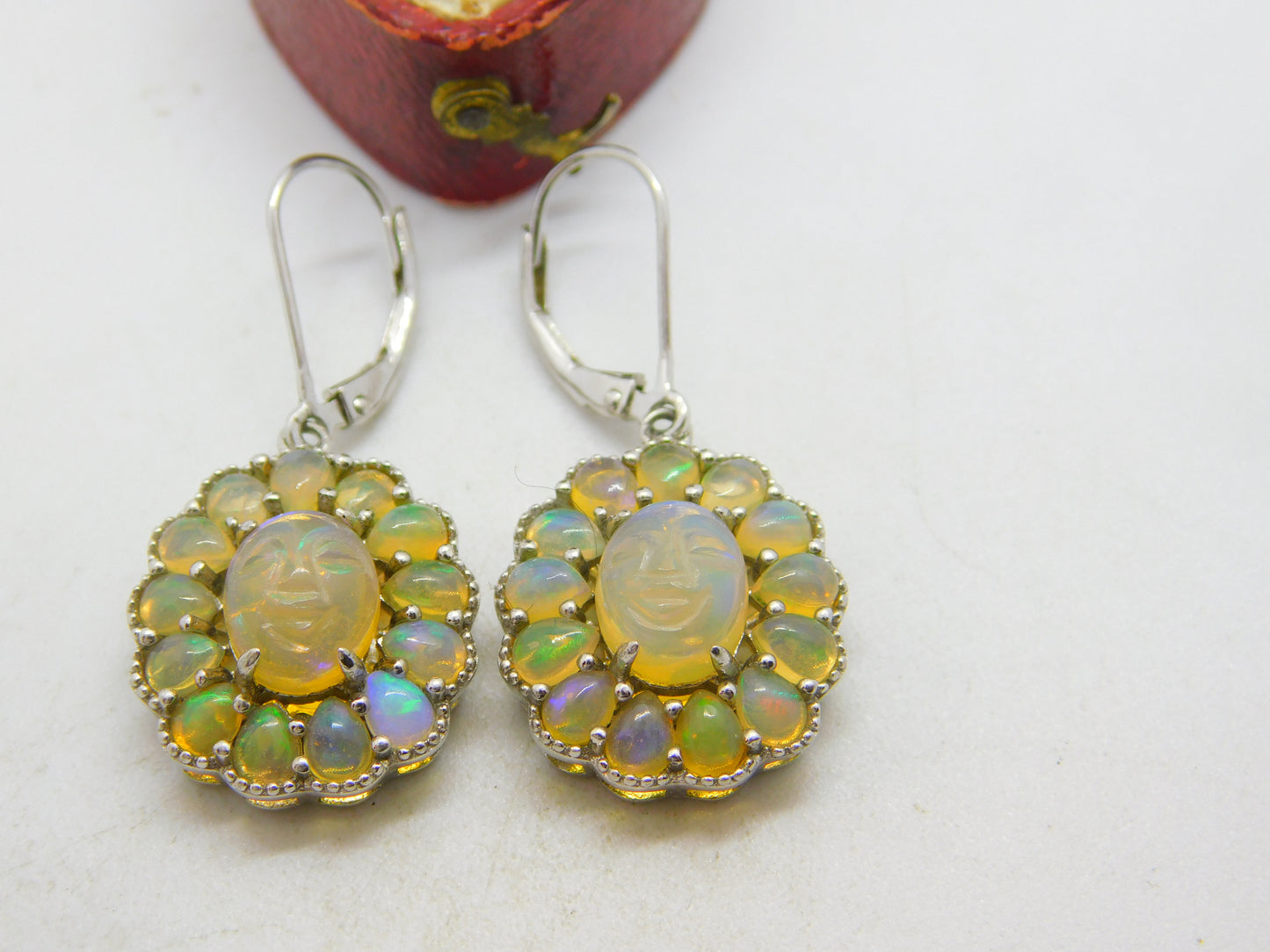 Pair of Sterling Silver & Carved 'Happy Face' Water Opal Drop Earrings Vintage