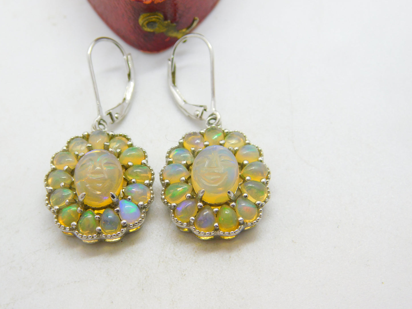 Pair of Sterling Silver & Carved 'Happy Face' Water Opal Drop Earrings Vintage