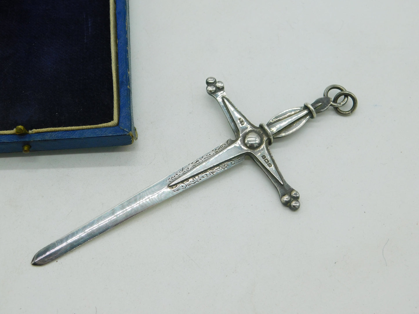 Boxed Sterling Silver Large Sword Form Masonic Jewel Medal 1928 Antique Birmingham