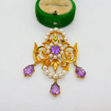 9ct Yellow Gold, Amethyst & Pearl Large Lavalier Drop Pendant Vintage 1971 London