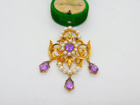 9ct Yellow Gold, Amethyst & Pearl Large Lavalier Drop Pendant Vintage 1971 London