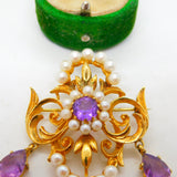 9ct Yellow Gold, Amethyst & Pearl Large Lavalier Drop Pendant Vintage 1971 London