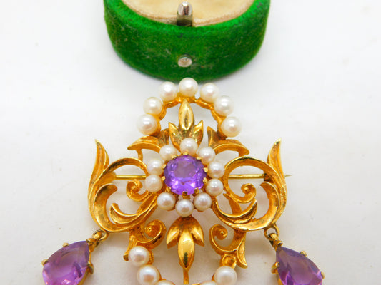 9ct Yellow Gold, Amethyst & Pearl Large Lavalier Drop Pendant Vintage 1971 London