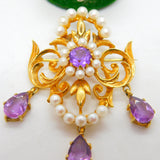 9ct Yellow Gold, Amethyst & Pearl Large Lavalier Drop Pendant Vintage 1971 London