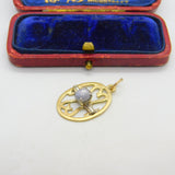 9ct Yellow Gold, Cabochon Moonstone & Diamond Drop Pendant Antique c1930
