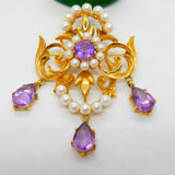 9ct Yellow Gold, Amethyst & Pearl Large Lavalier Drop Pendant Vintage 1971 London