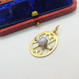 9ct Yellow Gold, Cabochon Moonstone & Diamond Drop Pendant Antique c1930
