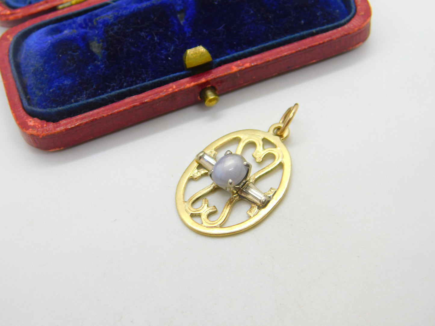 9ct Yellow Gold, Cabochon Moonstone & Diamond Drop Pendant Antique c1930