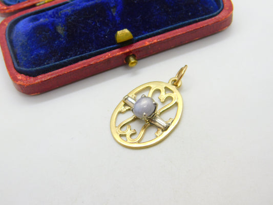 9ct Yellow Gold, Cabochon Moonstone & Diamond Drop Pendant Antique c1930